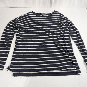 VINCE Black and White striped 100% linen long sleeve pullover blouse